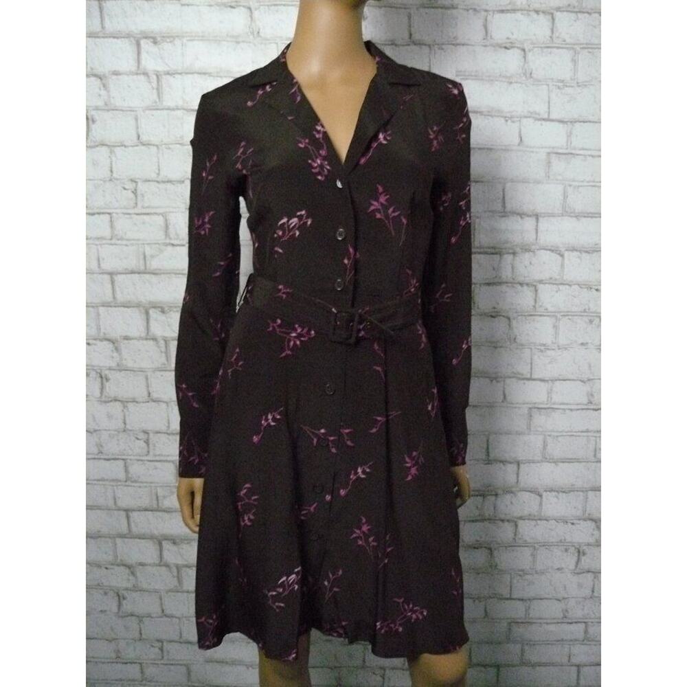 Equipment Femme Brown Silk Fuchsia Floral Belt & Sash Button Up Dress 4 NEW